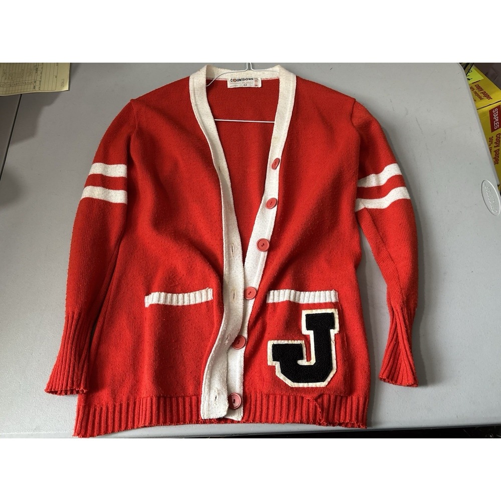 Vintage Women's Countdown Red And White Sweater L With J Patch
